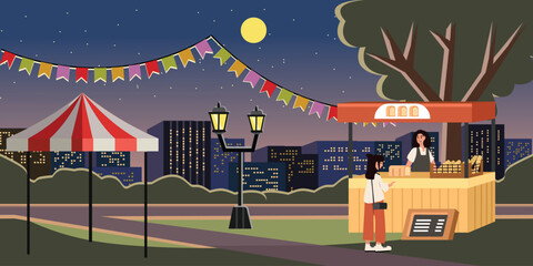 Festive Night Market Scene in an Urban Park. Urban park. Food festive. Bread stall.