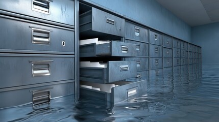 Rusted blue metal filing cabinets with drawers askew partially submerged in water
