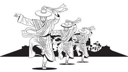 Fototapeta premium Traditional Vietnamese farmers performing a folk dance wearing conical hats in a rural landscape.