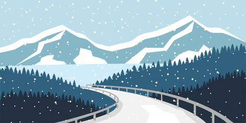 Winter Mountain Road Landscape with Falling Snow.  Winter rural road. Pine tree forest. Winter lake. Winter landscape.
