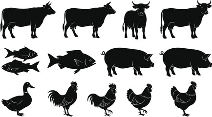 Farm animal silhouettes collection featuring cows, pigs, chickens, ducks and fish for agriculture, livestock, rural farming and illustration concepts