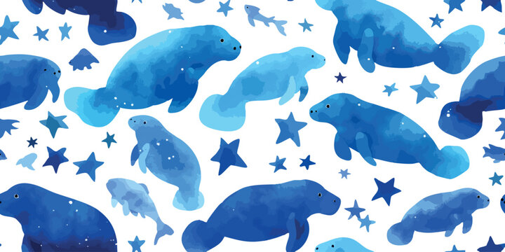 Whimsical blue manatee and starry sky seamless pattern for magical ocean-themed nursery textiles, kids' apparel, marine branding, wallpapers, and gift wrapping paper