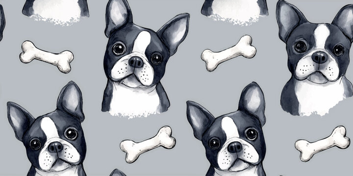 Stylish Boston Terrier dog and bone seamless pattern for modern pet accessories, canine-themed textiles, nursery wallpapers, branding, and dog lover stationery