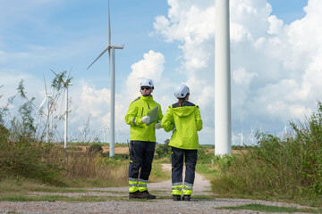 Male adult Asian engineer wearing safety uniform standing on rural path while second engineer...