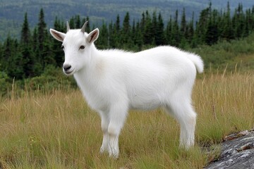 Fototapeta premium Young mountain goat stands on grassy field in nature