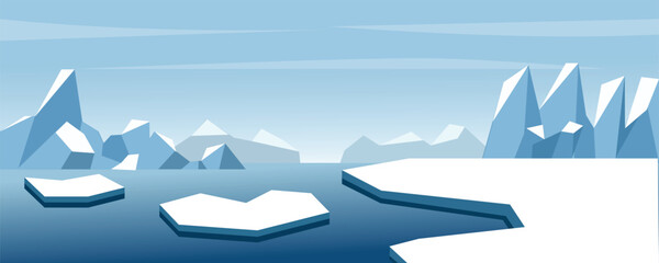 Arctic Iceberg Landscape. Arctic Glacial Terrain. Glacier Valley in Winter. Arctic North Pole Landscape