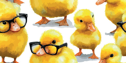 Adorable yellow ducklings wearing black glasses seamless pattern for kids' fashion, nursery wallpaper, textiles, stationery, wrapping paper, and playful branding design