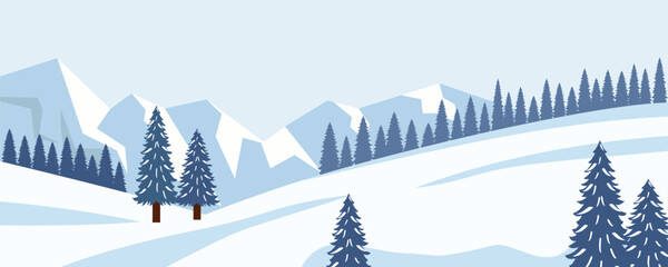 Serene Snowy Mountain Landscape with Pine Trees. Winter forest. Winter hill. Pine tree on the mountain. Countryside.