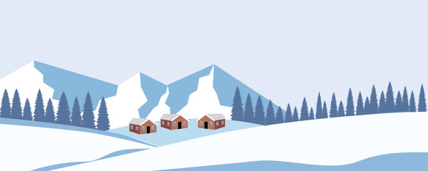 Winter Mountain Landscape with Cozy Cabins. Countryside hill. Countryside house. Winter house. Pine tree.