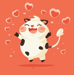 Naklejka premium Cute Cartoon Cow Jumping with Hearts Kawaii Style