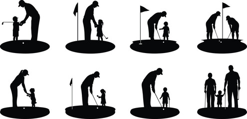 Father teaching child golf silhouette collection showing family bonding, learning sports skills, parenting moments, outdoor recreation, and healthy lifestyle activities