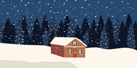 Cozy Cabin in a Snowy Winter Forest at Night. Winter house. Forest house. Christmas village. Landscape winetr.