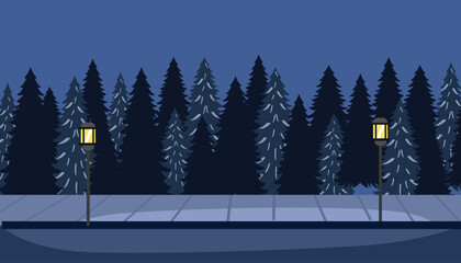 Nighttime Forest Sidewalk with Streetlights. Night at the park. Lantern park lamps. Pine trees. Pedestrian street.