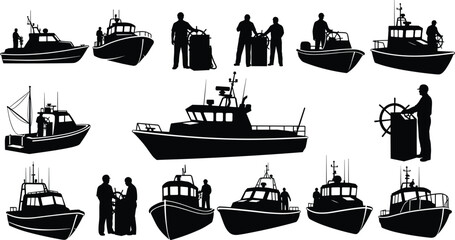 Fishing boat and crew silhouettes collection showing commercial vessels, sailors at work, navigation, and maritime industry scenes on the sea