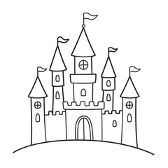 Obraz premium A simple black and white drawing of a fairytale castle with flags