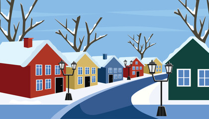 Cozy Winter Village Street with Snow Covered Houses. Real estate. Winter landscape. Residence house. Christmas house.