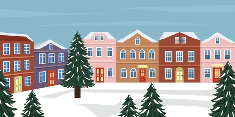 Winter Town Street with Colorful Houses and Snow-Covered Trees. European winter house. Neighborhood house. 