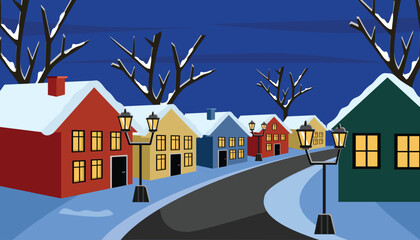 Cozy Winter Night in a Snowy Village Street. House street. House landscape. New year house. Night christmas house.