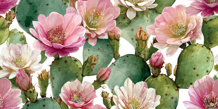 Vibrant blooming cactus with pink flowers seamless pattern for summer textiles, home decor, wallpapers, packaging, branding, stationery, wrapping paper, and botanical design