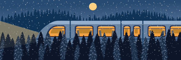 Night train through pine forest tree. Snowy Night Rail Through Evergreen Forest. Peaceful Winter Night Train Ride. 