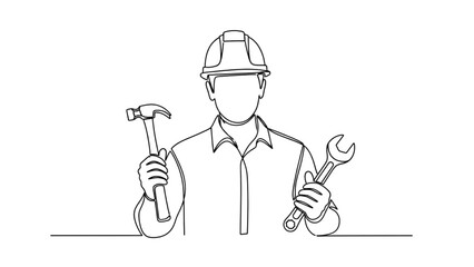 High-quality black continuous line art of an adult construction worker wearing a helmet and holding tools, skilled labor, building site illustration, minimalistic design