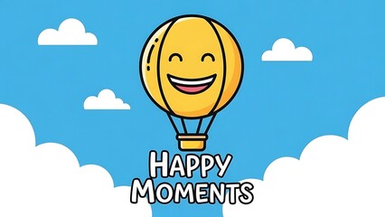 A cheerful cartoon hot air balloon with a smiley face floats in a bright blue sky