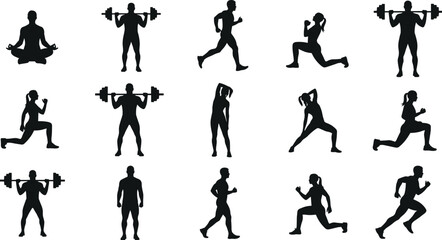 Fitness activity silhouette collection showing strength training, running, lunges, stretching, yoga, and full body workout exercises for healthy lifestyle concepts