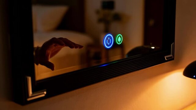 Closeup medium shot of a dimly lit bedroom featuring a smart mirror with soft backlighting and voice command indicators.