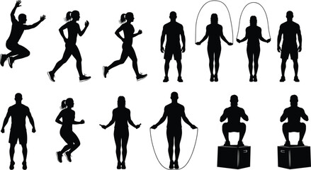 Fitness training silhouette collection showing men and women running, jumping rope, squatting, and performing workouts for healthy active lifestyle concepts