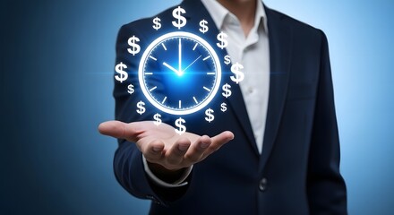 Businessman holding a glowing clock surrounded by dollar signs 