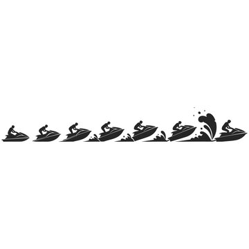 Jet ski silhouette set showing multiple speed stages from static to full throttle in pictogram vector style