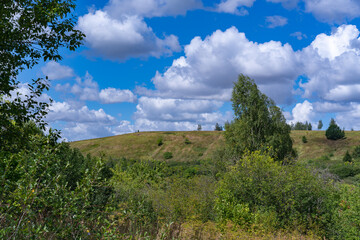 Hills with meadows and forests.