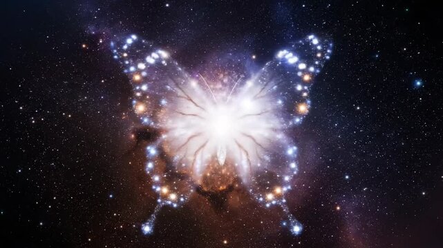 Cosmic metamorphosis of two merging spiral galaxies into an ethereal glowing butterfly made of stars