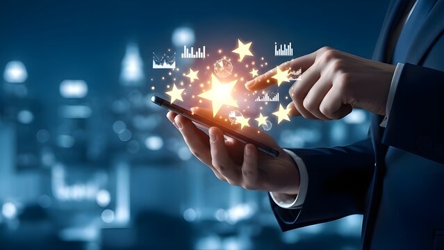 Businessman interacting with glowing smartphone in a futuristic cityscape at night - Powered by Adobe