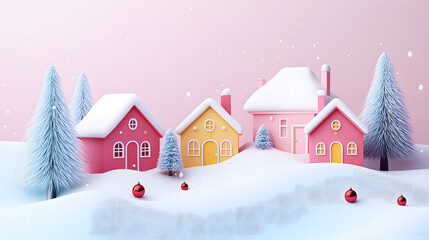 Fototapeta premium Christmas winter village with colorful houses and snow-covered pine trees with festive and cozy holiday atmosphere. Perfect for Christmas cards, winter banner promotions. 