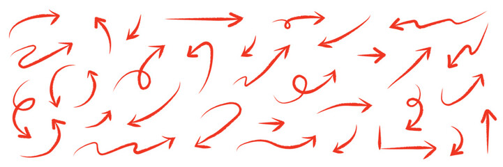 Hand drawn brush sketch arrow line curve up, down and side arrow in various style. Crayon brushes arrow set vector illustration.
