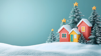 Fototapeta premium Christmas winter village with colorful houses and snow-covered pine trees with festive and cozy holiday atmosphere. Perfect for Christmas cards, winter banner promotions. 
