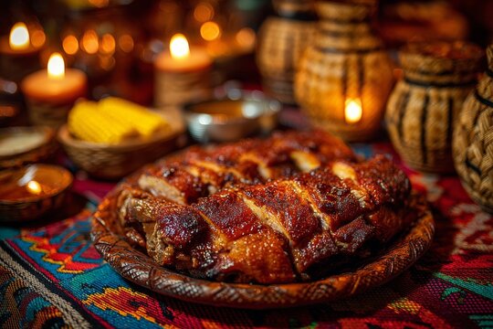 Cuy Chactado served on plate, surrounded by colorful fabrics. Concept of warm, inviting atmosphere featuring guinea pig flattened fried Peruvian on intricately designed rug.