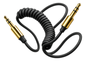Coiled aux audio cable with gold-plated connectors.