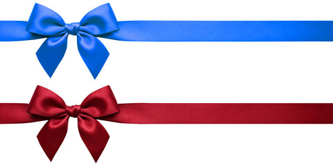 Realistic blue and deep red satin ribbon borders with tied bows, perfect for festive banners and patriotic celebration designs