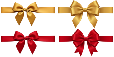 A set of luxury gold and red satin bows with ribbons, perfect for Christmas gift decorations and festive holiday greeting cards