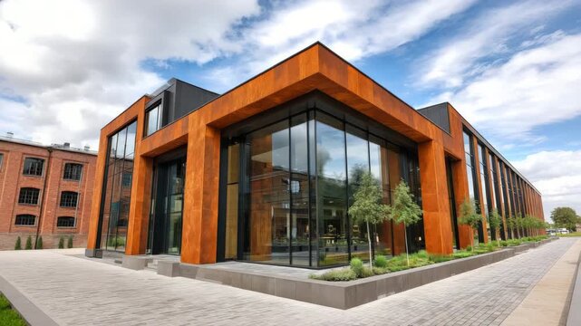 Modern building design showcases angular shapes and industrial elements in a city setting near historical structures
