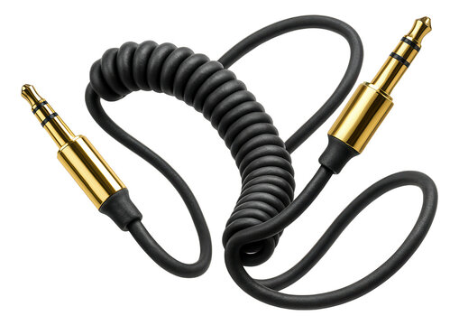 Coiled aux audio cable with gold-plated connectors.