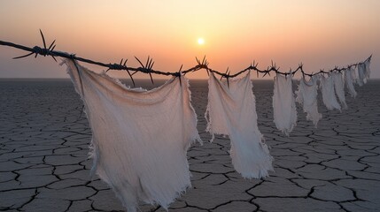 Torn fabric scraps snagged on barbed wire fence at sunset with cracked earth landscape
