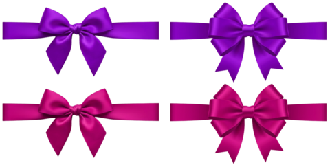 Collection of elegant purple and magenta satin bows, perfect for birthday surprises, anniversary gifts, and decorative header plans