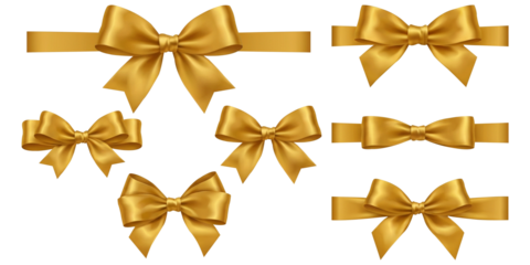A comprehensive set of golden satin ribbon bows in various shapes, perfect for premium certificates and luxury gift packaging