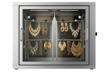 Stainless steel cabinet for automatic jewelry steam cleaning on a transparent background