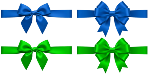 Set of bright blue and green satin ribbon bows, perfect for fresh holiday decorations and cheerful celebration design concepts