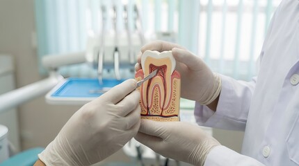 Dentist Explaining Tooth Anatomy with Model in Clinic.