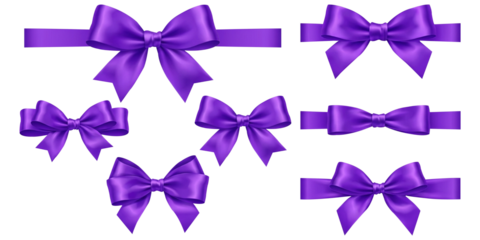 Assorted purple satin ribbon bows and decorative elements, perfect for elegant wedding invitations and creative celebration plans